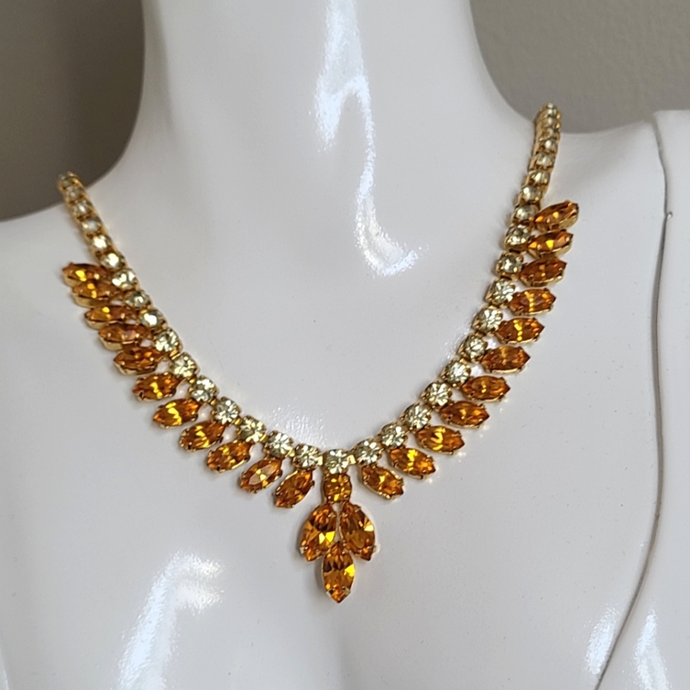 Vintage SHERMAN Citrine Gold Amber Rhinestone Crystal Evening Cocktail Necklace